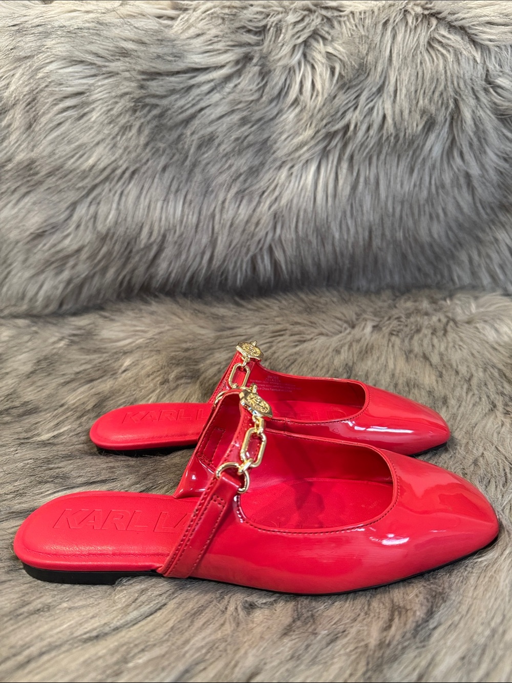 Karl Lagerfeld Red Patent Faux Leather Chain-Trim Mules Size 6